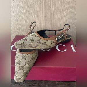 Gucci Beige Monogram Slingback Flats